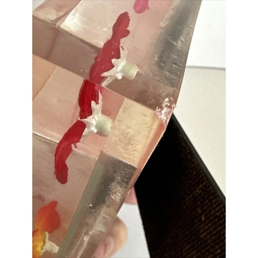 Acrylic Lucite Mod 3D Encased Pink Silk Flower Vtg 5.5